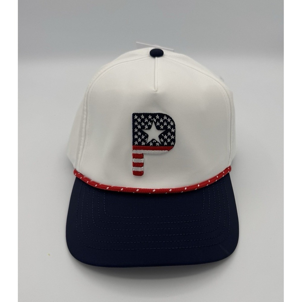 Puma Golf Pars & Stripes 5 Panel Snapback Hat Cap Red‎ White Blue NWT